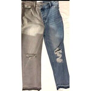 Unique two-tone distressed jeans on front design left side blue, right side grey